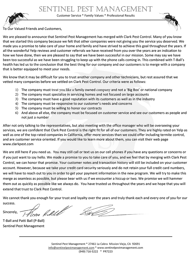 sentinel pest welcome letter